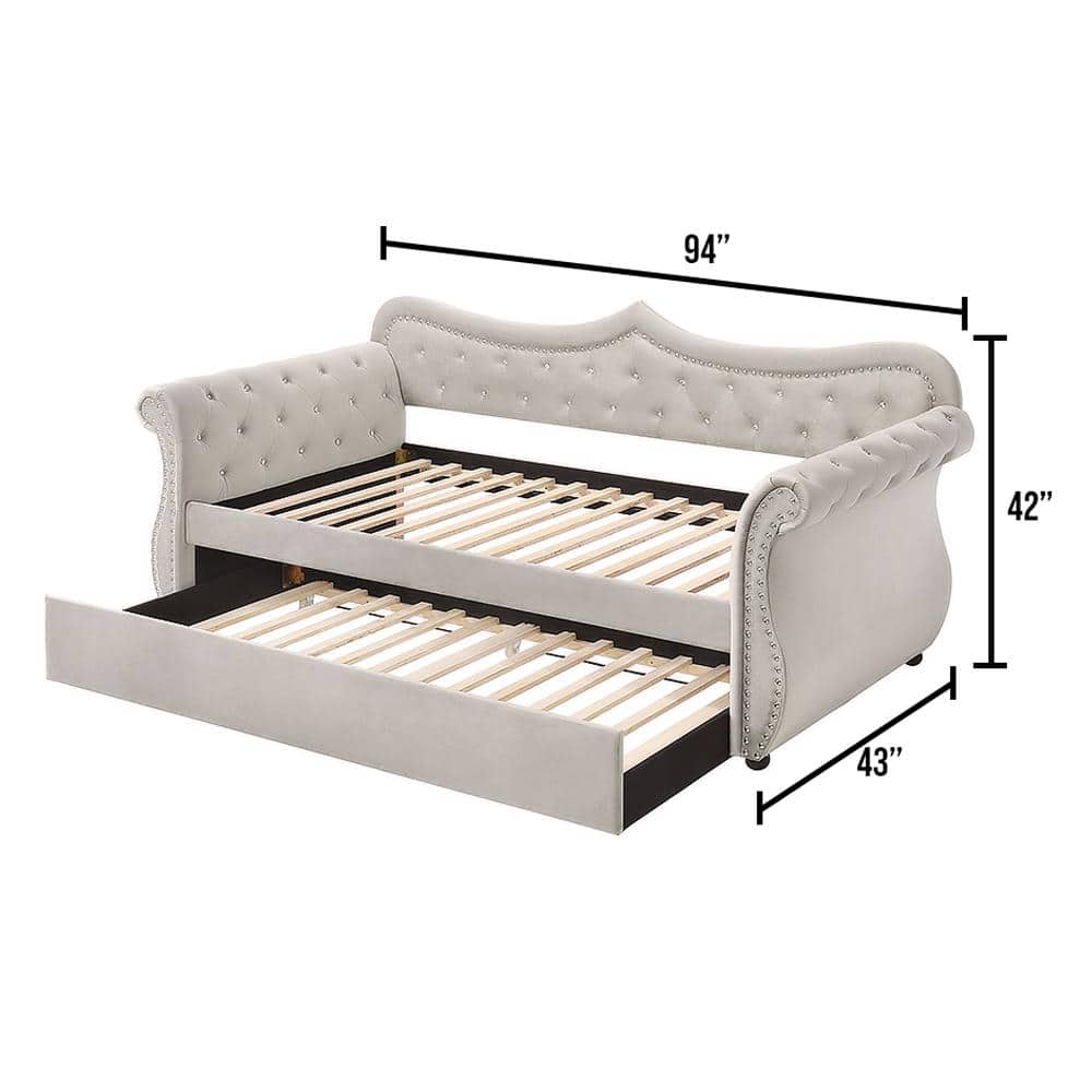 Beige Twin Upholstered Sleigh Daybed with Trundle and Nailhead Trim