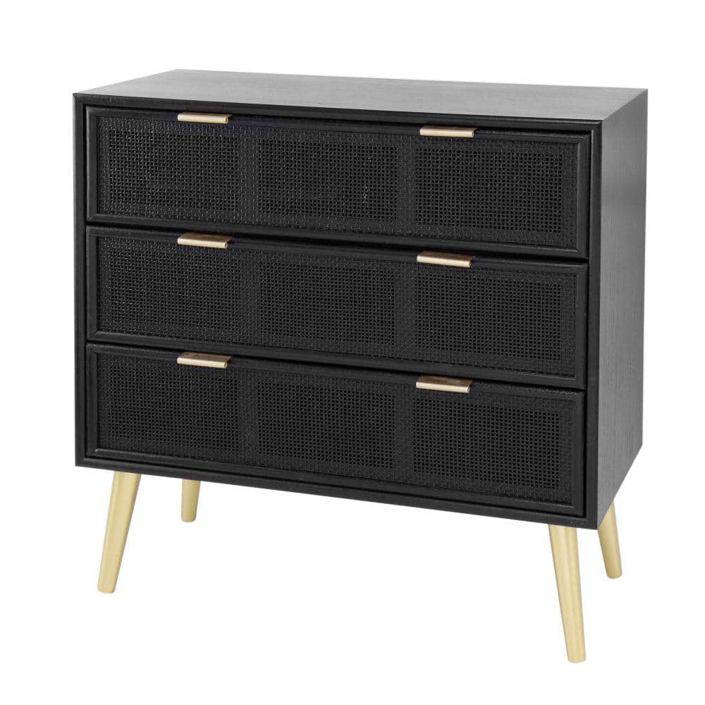 Mid-Century Mirrored 31" Black Dresser with Woven Rattan Drawers