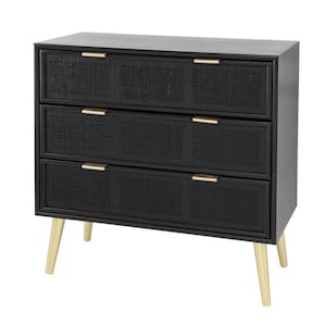 15 in. W Black and Gold 3-Drawers Modern Dresser Chest Cabinet with Woven Rattan