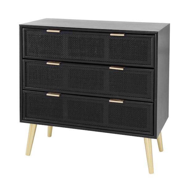 Benjara 15 in. W Black and Gold 3-Drawers Modern Dresser Chest Cabinet with Woven Rattan