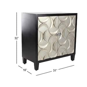 Black Wood Silver Crescent Moon Relief Design 2 Door Cabinet with Crystal Knob Handles