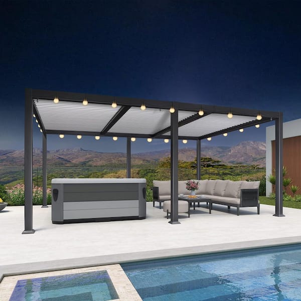 11.7 ft. x 18.2 ft. Gray Aluminum Outdoor Louvered Pergola with White Adjustable Roofs and Solar String Lights