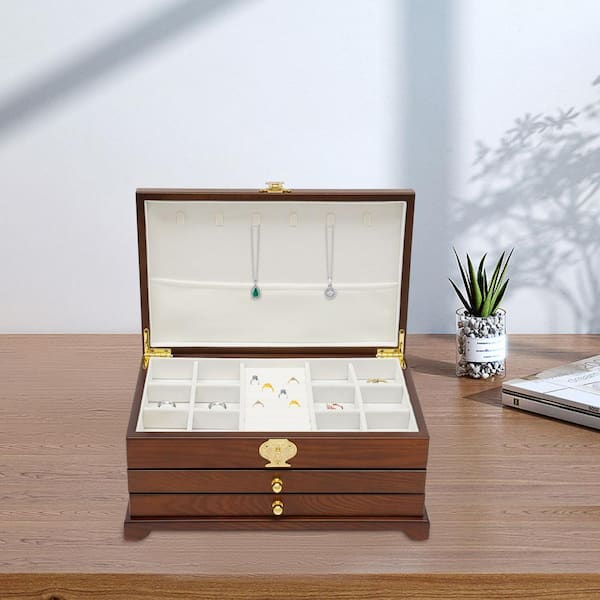 YIYIBYUS 14.5 in. x 5.7 in. 3-Layer Dark Brown Jewelry Organizer Box for  Storage Earrings Rings Necklace Bracelet FSLMSG5PWDZJ8 - The Home Depot