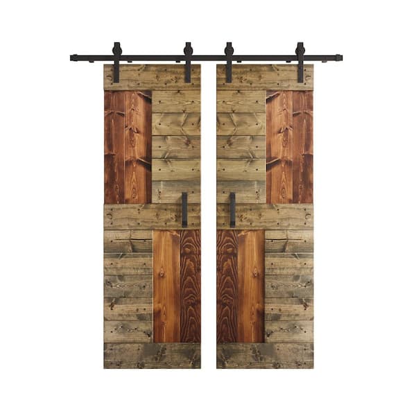 COAST SEQUOIA INC S Series 48 in. x 84 in. Dark Walnut/Aged Barrel Knotty Pine Wood Double Sliding Barn Door with Hardware Kit