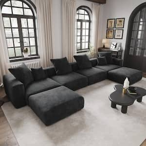 181 in. W Square Arm Corduroy Velvet U-Shaped Free Combination Sofa with Ottoman in Black