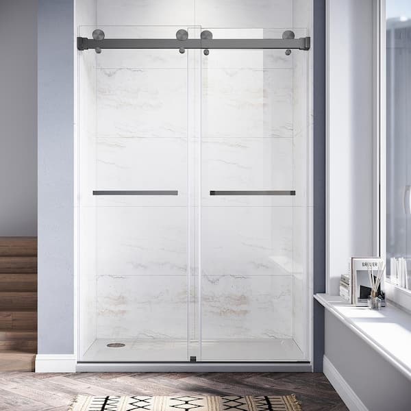 UNIKOO UKD01 46 to 49 in. W x 80 in. H Double Sliding Frameless Shower Door in Space Gray, EnduroShield 3/8 in. Clear Glass