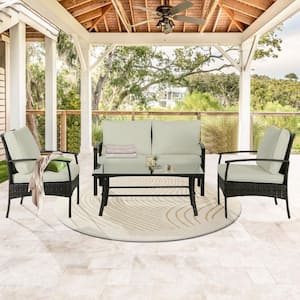 Brown 4- Piece Outdoor Patio PE Wicker Conersation Set With Beige Cushions and Loveseat