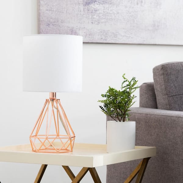 Rose Gold Table Lamps With Drum Shades, Angus Satin Nickel Geometric Table Lamp With White Shade