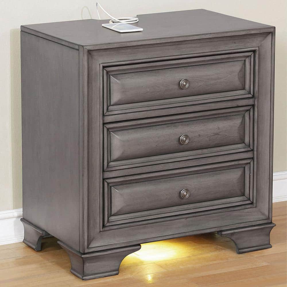 Brandt 3-Drawer Gray Nightstand 28 in. H x 26 in. W x 17 in. H