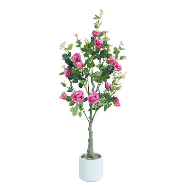 4 ft. Artificial Rose Red Roses, Artificial Plant Made of Silk and Plastic, Decorative Artificial Tree with White Pot