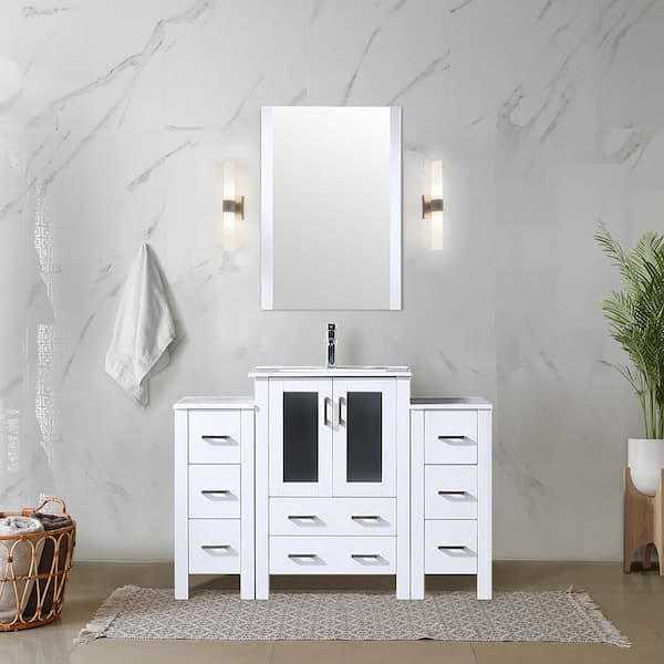 Lexora Volez 48 in. W x 18 in. D x 34 in. H Single Sink Vanity in White with White White Ceramic Top and Mirror