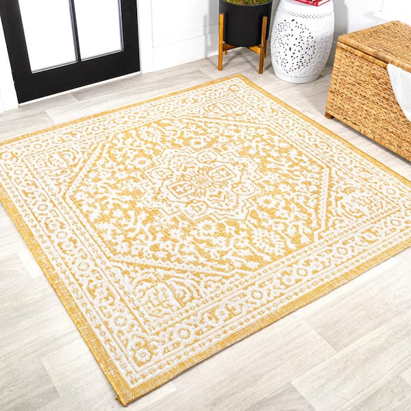 JONATHAN Y Sinjuri Medallion Textured Weave Yellow/Cream 5 ft. Square Indoor/Outdoor Area Rug