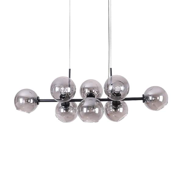 HUOKU REVERSO 8-Light Metal Black Branch Linear Bubble Modern Chandelier with Globle Smoked Clear Glass Shades