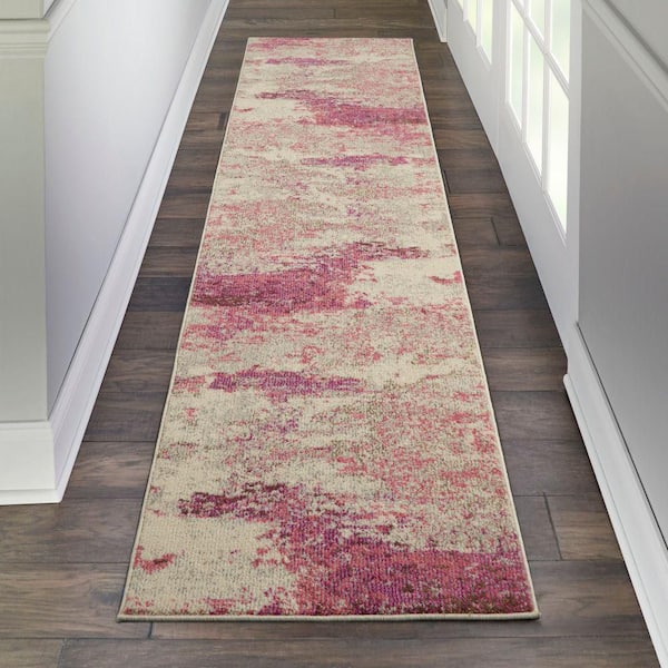 Celestial Ivory/Pink 2 ft. x 6 ft. Abstract Modern Kitchen Runner Area Rug