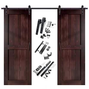 32 in. x 84 in. H-Frame Red Mahogany Double Pine Wood Interior Sliding Barn Door with Hardware Kit Non-Bypass