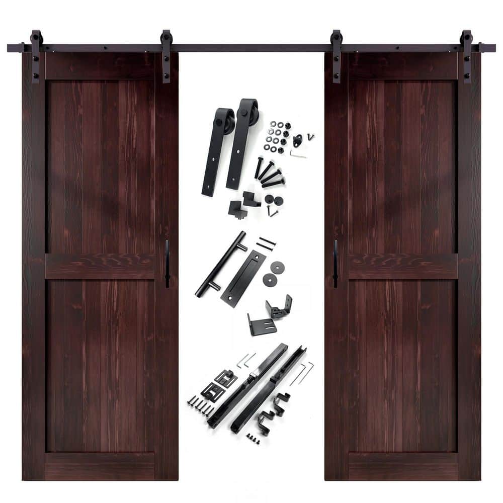 32 in. x 84 in. H-Frame Red Mahogany Double Pine Wood Interior Sliding Barn Door with Hardware Kit Non-Bypass price history on PriceWatchPro