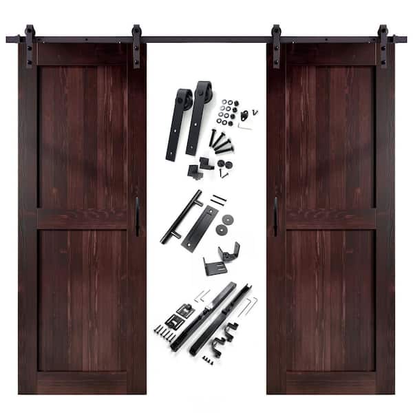 HOMACER 32 in. x 84 in. H-Frame Red Mahogany Double Pine Wood Interior Sliding Barn Door with Hardware Kit Non-Bypass