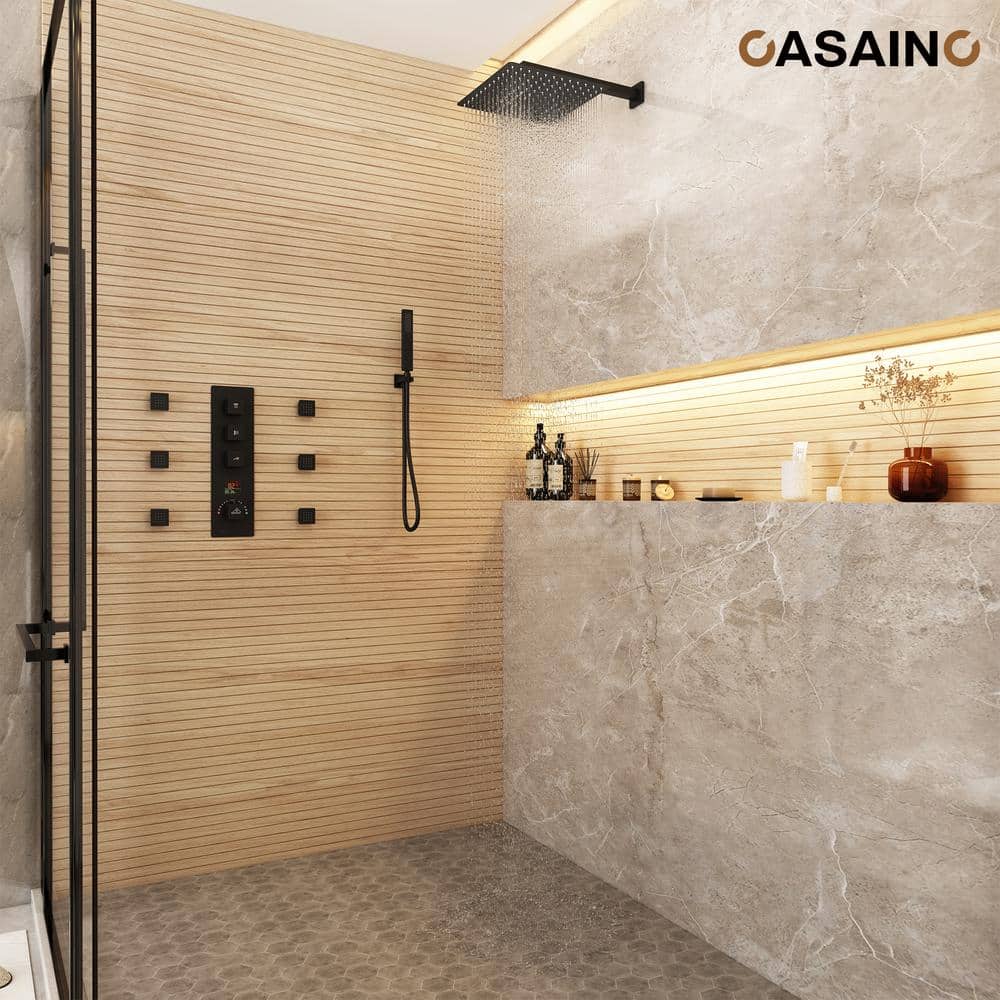 Matte Black Multi-Function Thermostatic Shower System with Digital Display