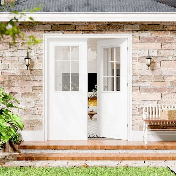 60 in. x 80 in. 9 Lite Clear Glass White Primed Wood Universal Prehung Double Front Door with Frame and Flush Bolts