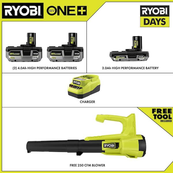 ONE+ 18V HIGH PERFORMANCE Kit w/ (2) 4.0 Ah Batteries, 2.0 Ah Battery, Charger, & FREE ONE+ 250 CFM Cordless Leaf Blower