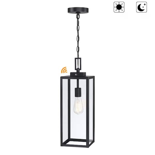 Hukoro 21.5 in. 1-Light Matte Black Outdoor Hanging Lantern Pendant Light with Clear Glass Dusk to Dawn