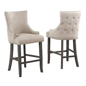 Greg 45 in. Beige Linen Fabric High Back Wood Bar Stool Tufted Buttons And Nail Head Trim (Set of 2)