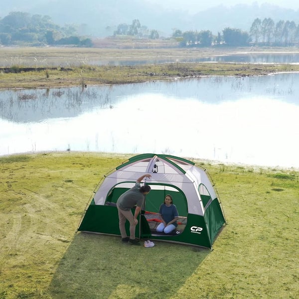 Cesicia Outdoor Double Layer 11 ft. x 7 ft. x 72 in. 6-Person Dark Green Fabric Camping Tent with 4 Large Mesh Windows