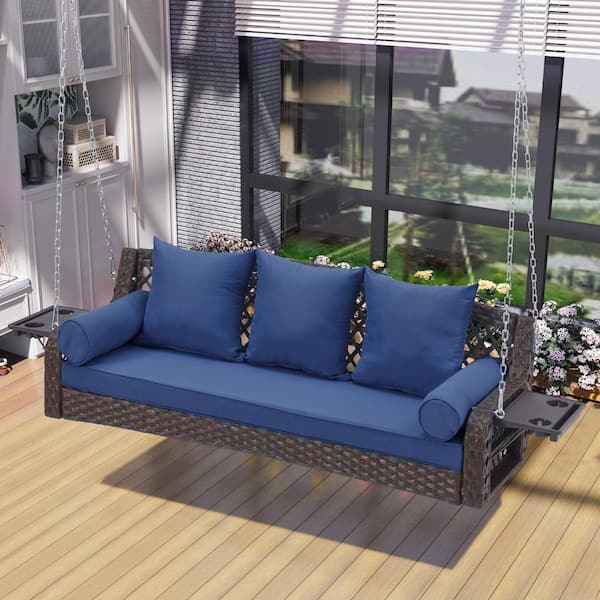 3-Person Wicker Porch Swing with Cup Holders and Blue Cushions, Yard Swing with Chains for Deck Garden Backyard