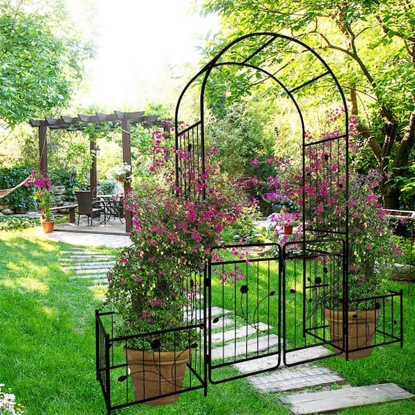Tunearary 79.5 in. x 86.6 in. Outdoor Metal Plant Supported Garden Arch Trellis with Door, Black