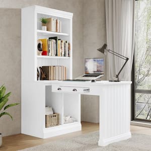 62 in. White 1-drawer Computer Desk, Writing Desk with Storage Bookcase, Adjustable Shelf, LED Light