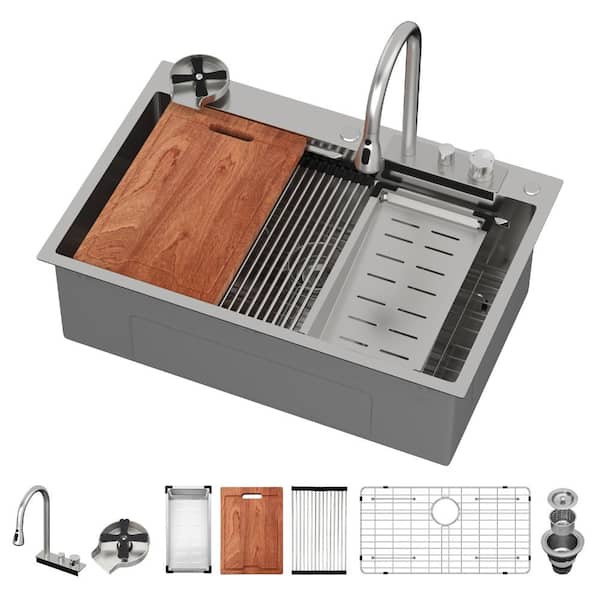 33 in. Drop-In Single Bowl 16-Gauge Stainless Steel Workstation Kitchen Sink with Flying Rain Faucet and Cup Washer
