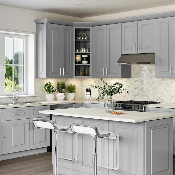 Grayson 33 in. W x 12 in. D x 18 in. H Assembled Plywood Wall Bridge Kitchen Cabinet in Pearl Gray with Soft Close