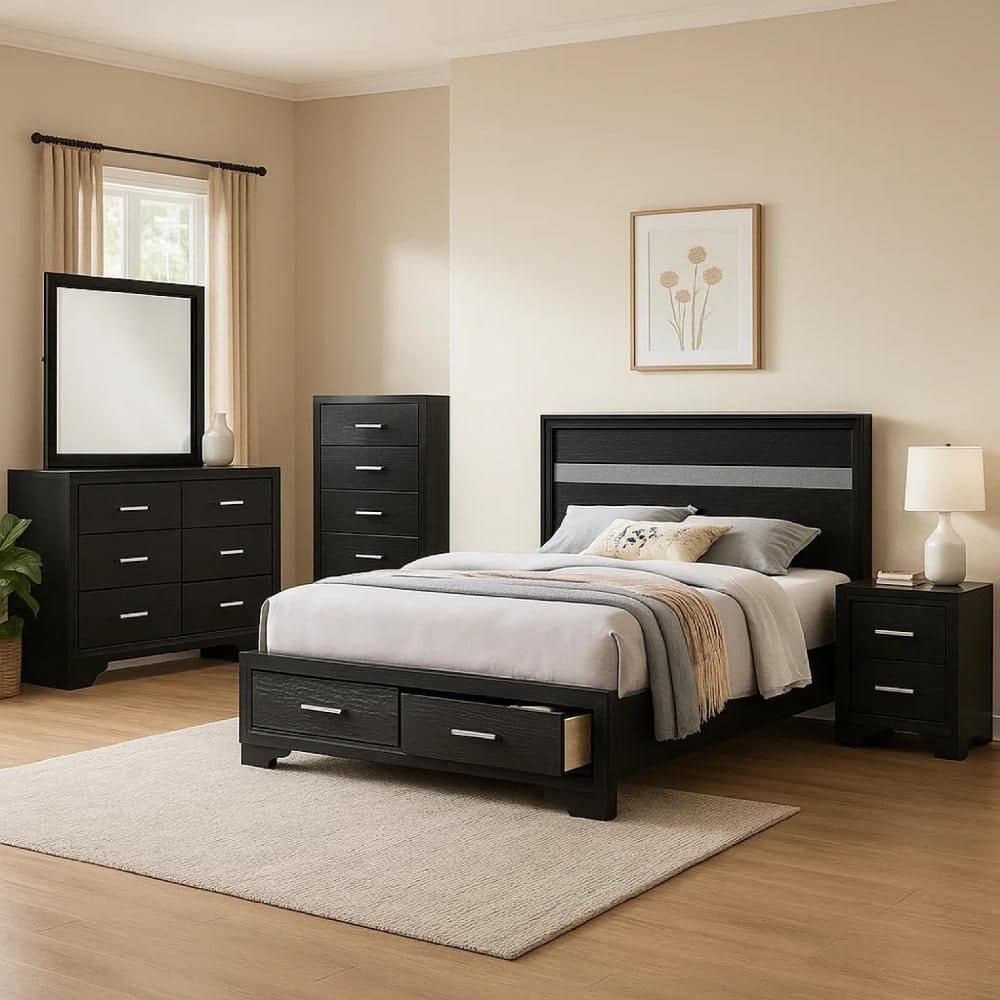 Vino 5-Piece Black Wood Full Bedroom Set with Storage Dresser, Nightstand, Chest and Mirror