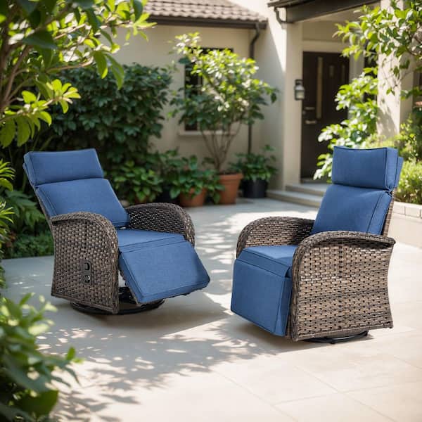 PlainCurve 2-Piece Brown Wicker Outdoor Adjustable Swivel Recliner Chair with Navy Blue Cushions