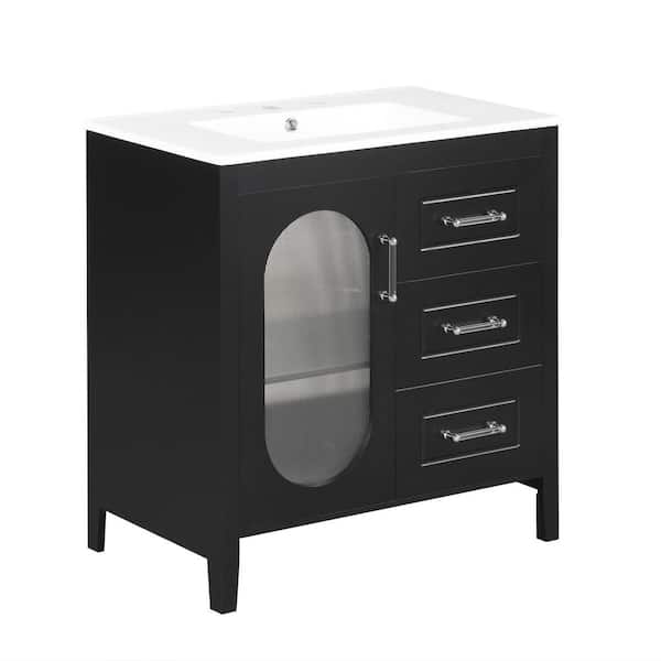 Cesicia 30 in. W x 18.3 in. D x 33 in. H Freestanding Bath Vanity in Black with White Ceramic Top Sink and Adjustable Shelf