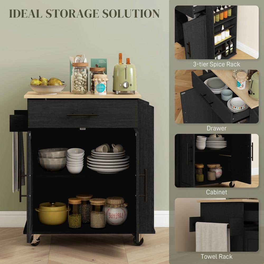 Black Wood Kitchen Cart with Spice Rack and Storage