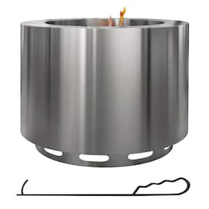 19 in. Portable Wood Burning Firepit with Poker, Low Smoke Camping Bonfire Stove, Stainless Steel, Silver