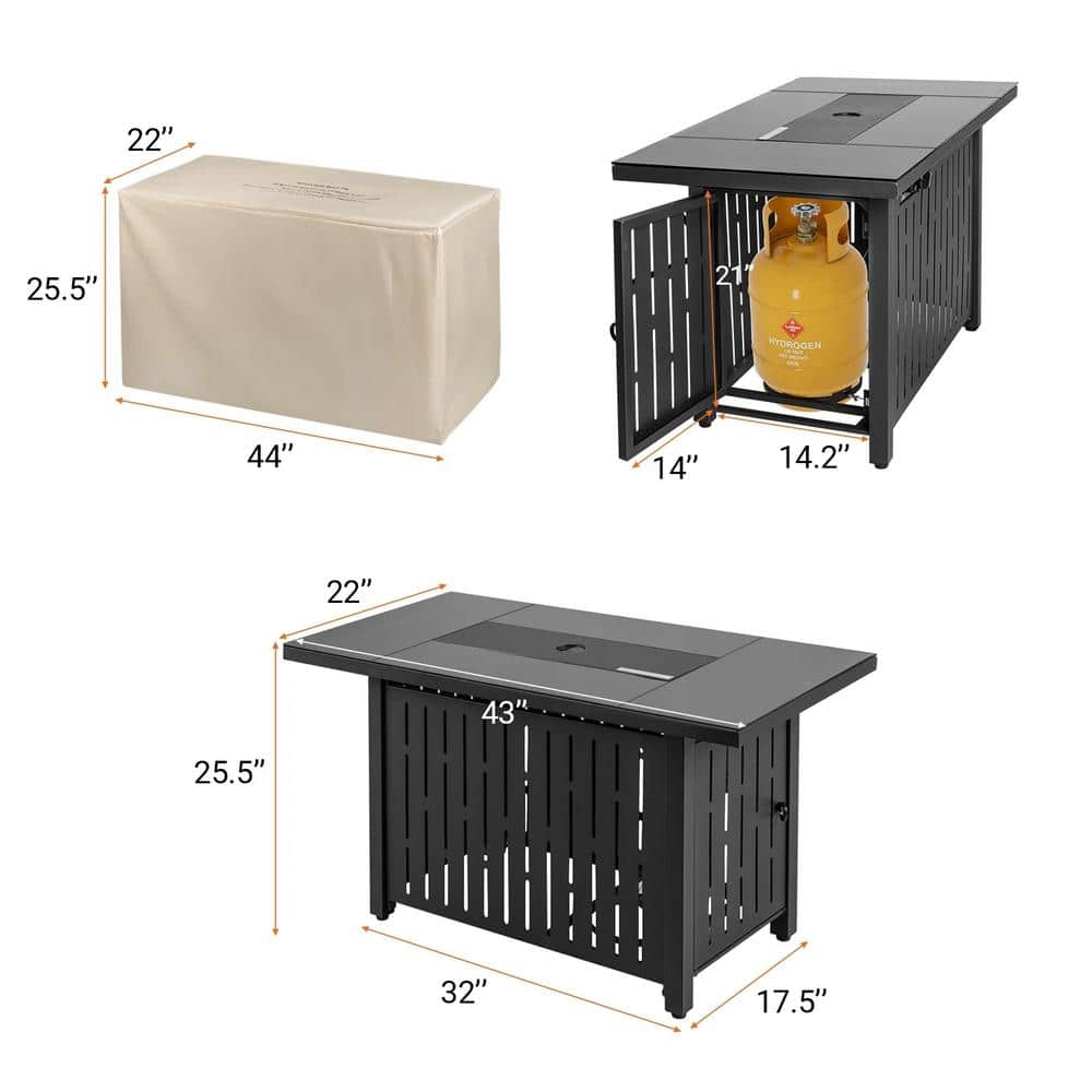 Black Steel Propane Fire Pit Table with Glass Guard