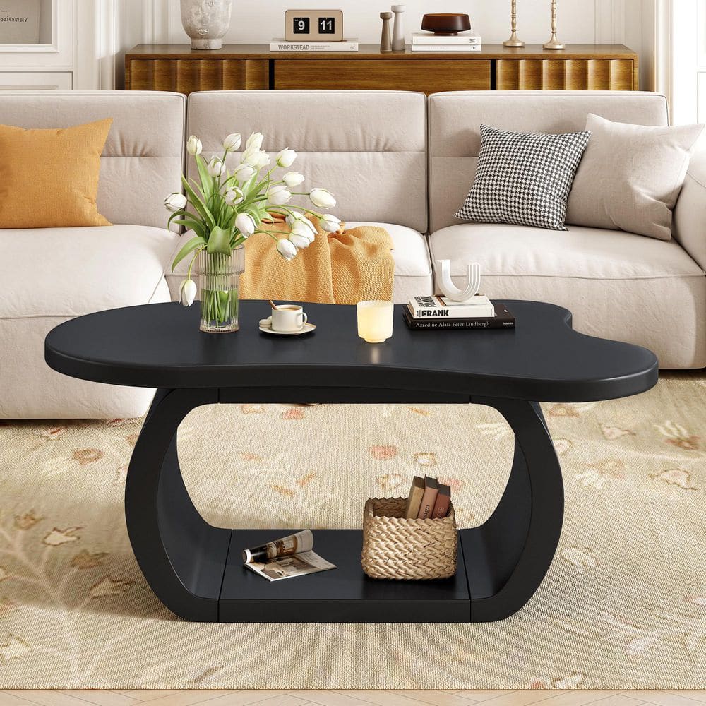 Polibi 39.30 in. Black Specialty MDF Wood Coffee Table with Curved