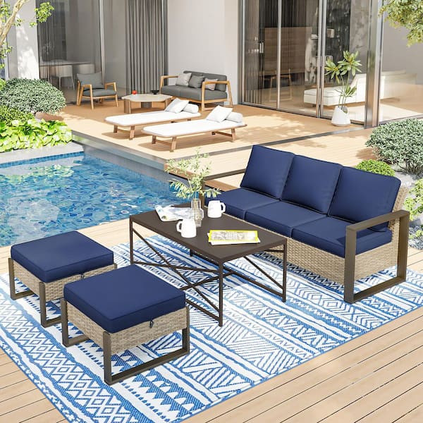 4-Piece Wicker Outdoor Patio Sofa Couch Deep Seating with Blue Cushion