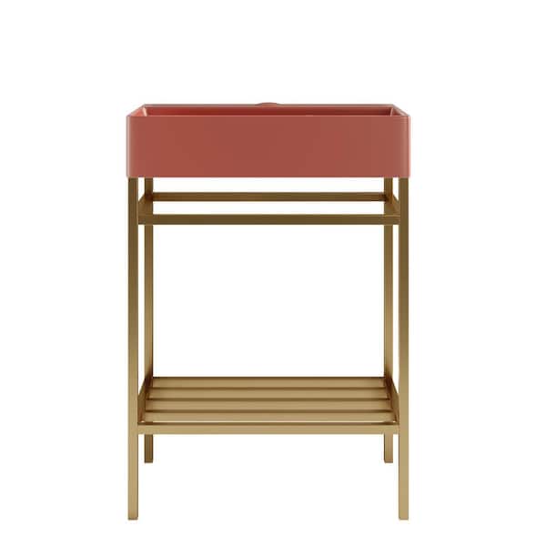 24 in. Freestanding Gold Bath Vanity with Glossy Red Ceramic Top Unassembled