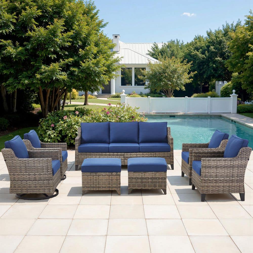 GlideRail Gray Swivel Glider Wicker Patio Conversation Set with Blue Olefin 4 In. Thick Cushions/Couch (7-Piece) price history on PriceWatchPro