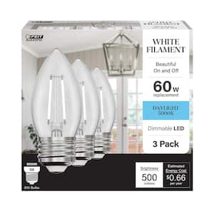60-Watt Equivalent B10 E26 Base Dim White Filament Clear Glass Chandelier LED Light Bulb Daylight 5000K (3-Pack)