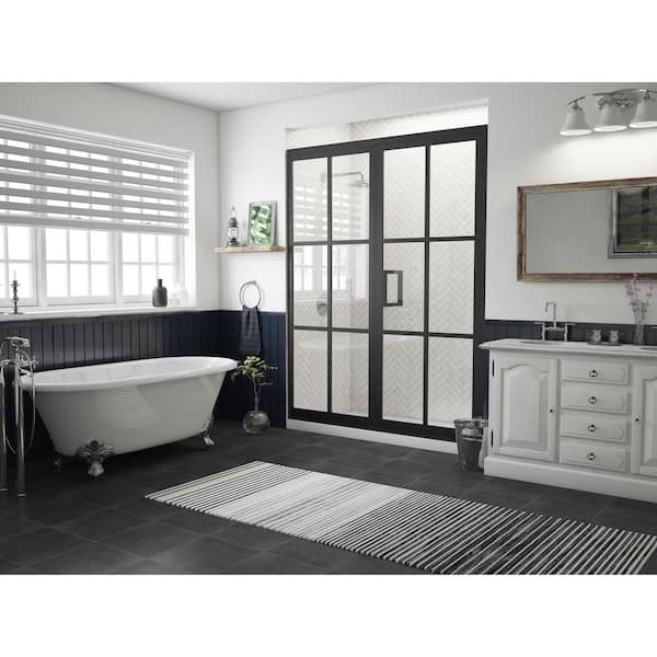 Coastal Shower Doors Gridscape Series 57.75 in. x 76 in. Framed Hinged Shower Door and Inline Panel in Black and Clear Glass with Handle