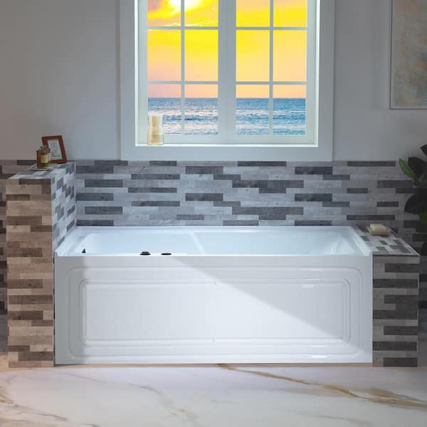 60 in. x 30 in. Whirpool and Heated Bathtub with Left Drain in White with Matte Black Hardware