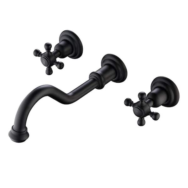 Antique Double Handle Wall Mounted Bathroom Faucet with Valve in Matte Black