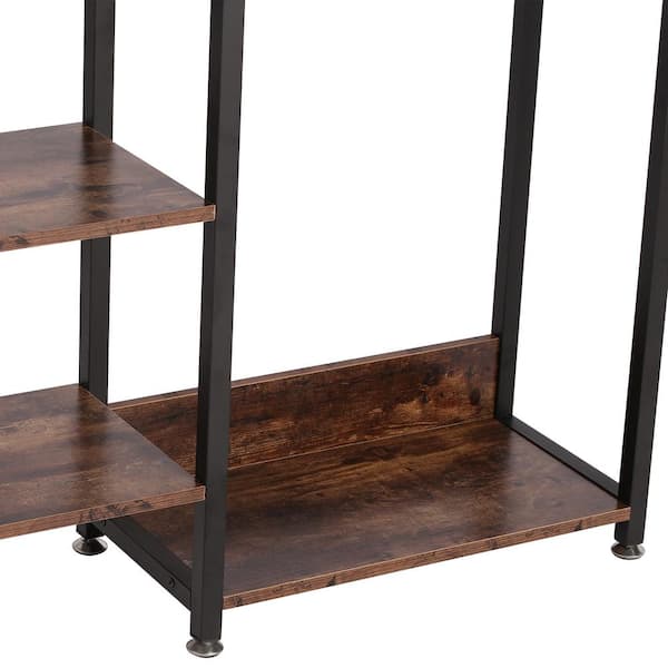 Heavy Duty Open Garment Clothing Rack, Brown Free-Standing Storage Closet for Small Spaces, with 5 Shelves & Hanging Rod