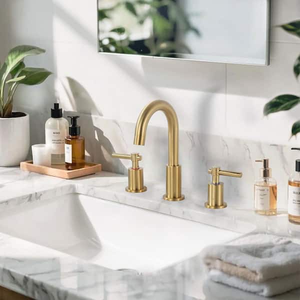 8 in. Widespread Stainless Steel Double Handle Bathroom Faucet with Pop-up Drain and Supply Hoses in Brushed Gold