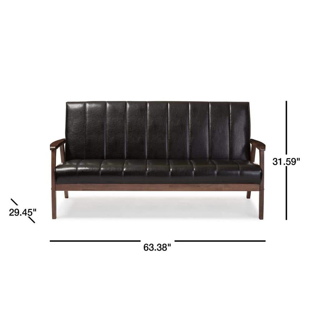 Nikko Dark Brown Faux Leather 3-Seater Sofa with Wooden Frame