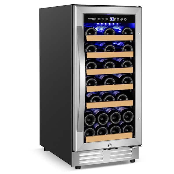 TITTLA 15 in. Single Zone 30-Bottle Cellar Cooling Unit Built- in Wine Cooler 6-Removable Shelves Silver Wine Refrigerator